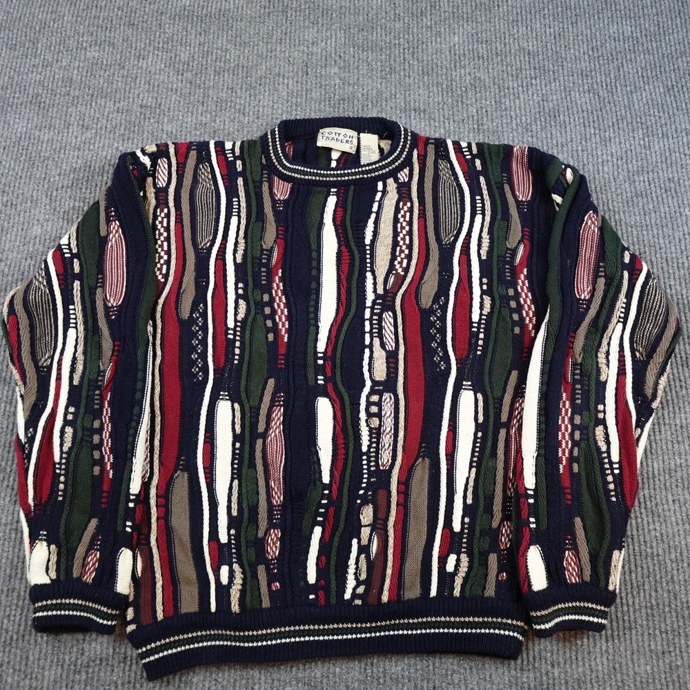 Cotton Traders 3D Knit Sweater Mens Large Multicolor Crewneck Pullover Cotton